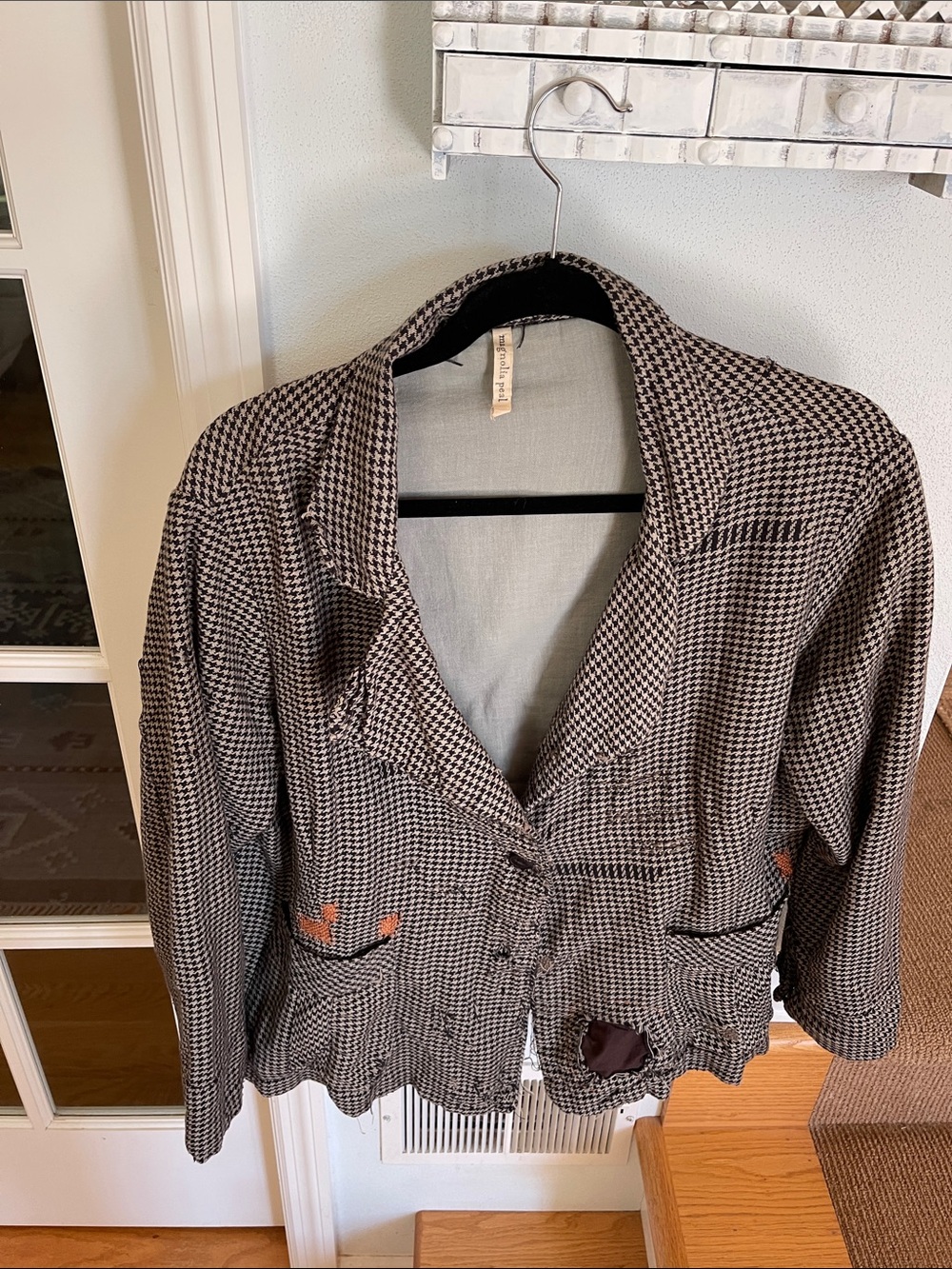 Magnolia Pearl Black & White Houndstooth Blazer with Brown Patch Accents